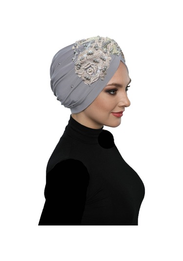 Astarlı İşlemeli Açık Gri - Pudra Dantel Motifli Hazır Türban Tesettür Abiye Bone Açık Gri - Pudra