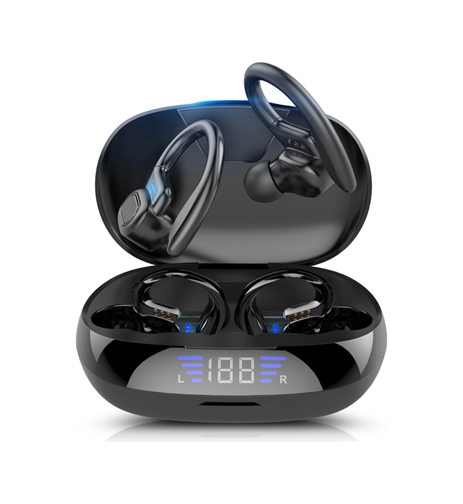 Moveevo Siyah Spor Kulaklıklar, Tws Bt5.0, Ipx6 Su Geçirmez, Sayısal Göstergeli Şarj Kutusu, Konuşma Ve Müzik Kontrolü, Uygun Uyku Tasarımı Kablosuz Mini Kulaklık Modeli