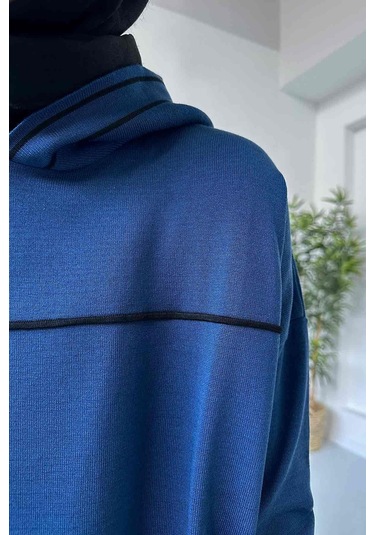 Kapüşonlu Merserize Elbise - Petrol Petrol Mavi