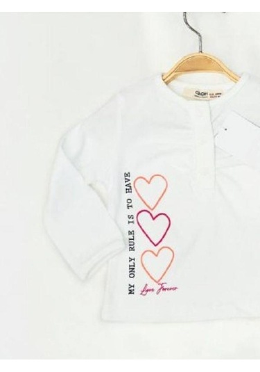 Kız Bebek Pamuklu İnce Uzun Kollu Kalp Desenli Bluz-14897 Ekru