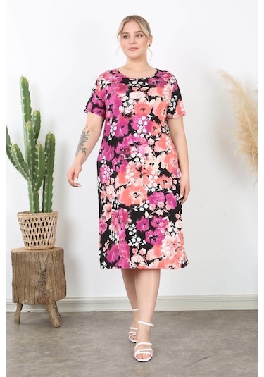 Kadın Pembe Somon Kırçiçeği Desen Midi Elbise Pembe