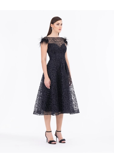 Kayık Yaka Tül Detaylı Simli Abiye-siyah Siyah