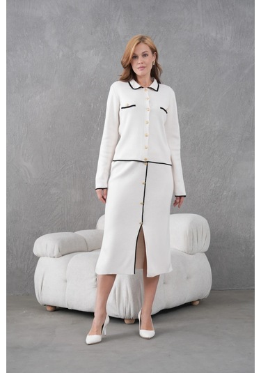 Kadın Polo Yaka Düğme Detay Ceket Uzun Etek İkili Triko Takım Taş