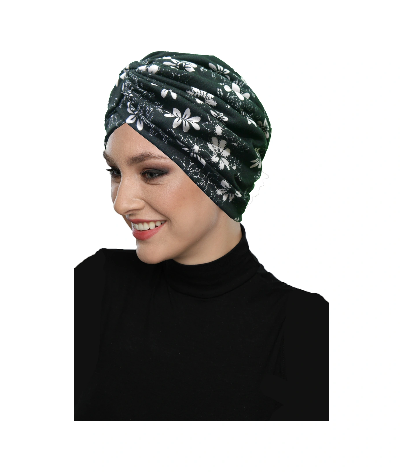 Midnight Blossom Desenli Çapraz Ve Bant Detaylı Astarlı Hazır Türban Tesettür Havuz Bonesi Siyah-ekru