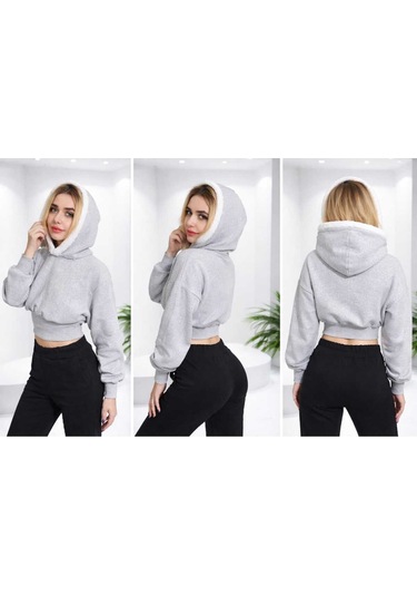 Kapüşonlu, Korse Tarzı Gri Sweatshirt. Gri