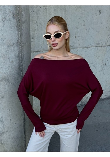 Kadın Kayık Yaka Full Esnek Asimetrik Kesim Comfort Spor Şık Tasarım Yumoş Bluz Bordo