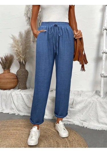 Simala Kadın Yüksek Bel Lastikli Belde Bağcık Detaylı Aerobin Pantolon Mavi