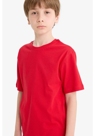 Defacto Erkek Çocuk Bisiklet Yaka Basic Düz Kısa Kollu Tişört K1687a625aurd65 KIrmızı