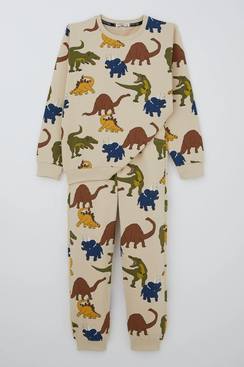 Breeze Erkek Çocuk Eşofman Takım Dinozorlar Alemi Desenli 4-8 Yaş, Bej Bej