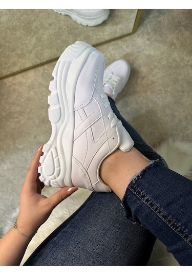 Günlük Kadın Sneaker Kalın Yüksek Taban Bağcıklı Rahat Tiger Şeritli Spor Ayakkabı 032 01 - Beyaz