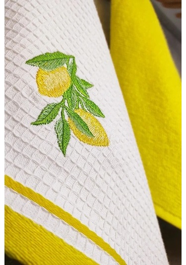 2 Li Mutfak Havlusu Sarı Renk & Limon Figürlü Kurulama Bezi - Yumuşak & Nakışlı Havlu Takımı Sarı