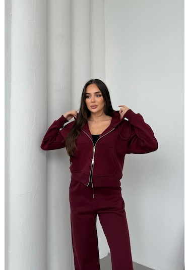 Mezka Kadın Çift Fermuar Detaylı Kapüşonlu Kışlık Şardonlu Oversize Eşofman Takımı Bordo
