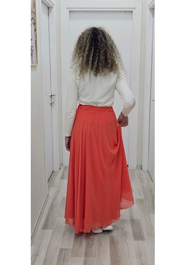 Bel Lastikli Kloş Şifon Etek 6003-turuncu Turuncu