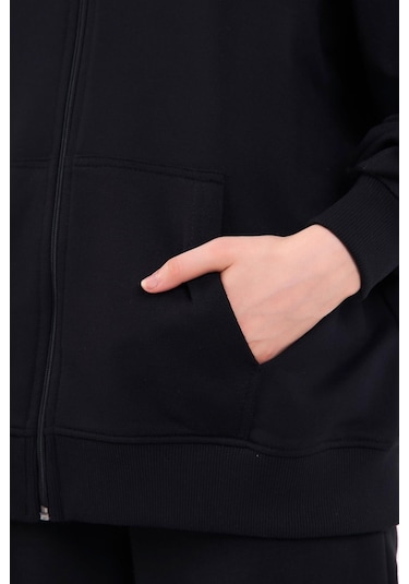 Comeor Siyah Kanguru Cepli Kapüşonlu Fermuarlı Oversize Kadın Sweatshirt 001 Comeor Siyah Kanguru Cepli Kapüşonlu Fermuarlı Oversize Kadın Sweatshirt 001