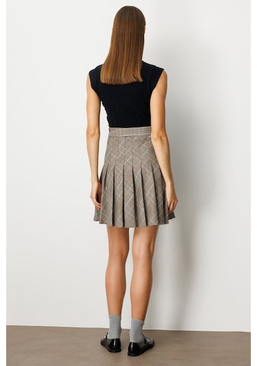 Ekol Kadın Ekoseli Mini Etek 5079 Vizon Vizon
