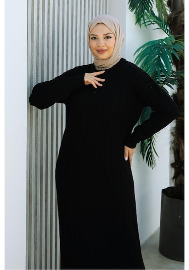 Brc2440siyah-bisiklet Yaka Örme Triko Elbise Siyah