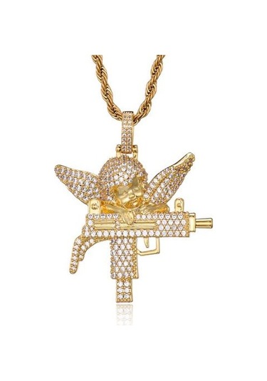 Hip Hop Buzlu Out Kübik Zirkonya Taş Bakır Guardian Melek Kolye Kolye Erkekler Kadınlar Ile 4mm Tenis Zincir Charm Takı Hediye Kolye Kolye Altın - Gümüş