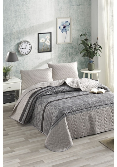 Enlora Home Kapitone Yatak Örtüsü Seti Çift Kişilik Creative Gri