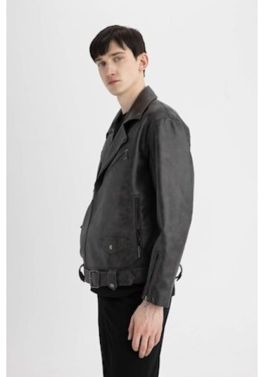 Defacto Slim Fit Polo Yaka Suni Deri Ceket Mont C5748AX24AUBN338 Kahverengi