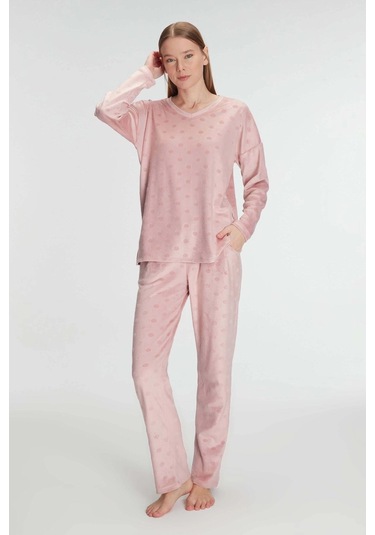 Uzun Kol V Yaka Sweatshirt Ve Pantolon Takım Pijama Takımı Gül