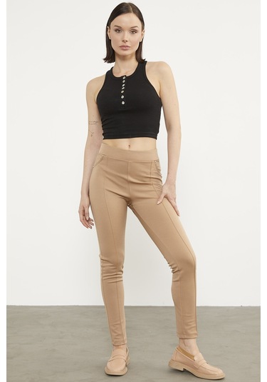Önden Dikiş Detaylı Tayt - Bej 001