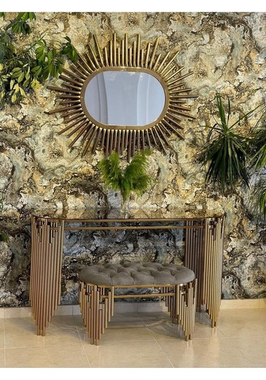 Ekgconcept Piyano Model Lüx Dresuar Gold Elips Ayna Ve Puf Gold