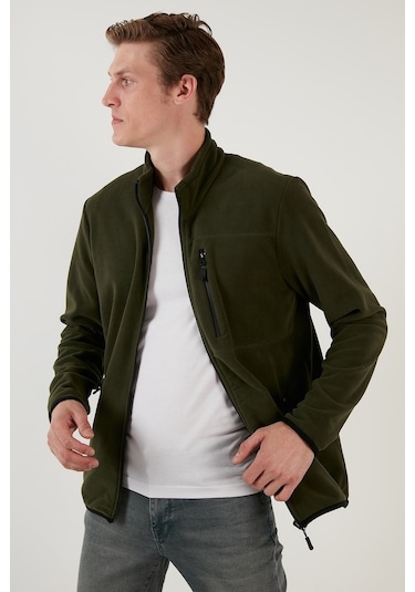 Buratti Slim Fit Fermuarlı Cepli Dik Yaka Polar Erkek Hırka 5906028 Haki