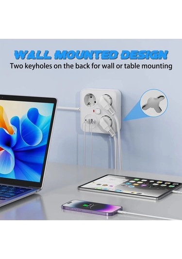 Akım Korumalı Anahtarlı Priz - 3x Priz - 2x Usb - 2x Type-c - 2 Mt Kablo Hızlı Şarj Özellikli Siyah Belirtilmemiş