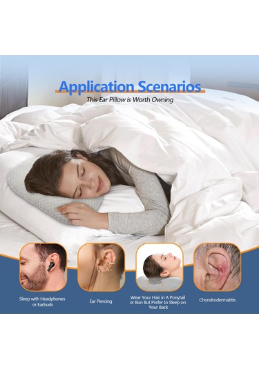 Geeksen Yatakta Kulak Koruyucu Yastık - Yan Yatanlar İçin Ergonomik Tek Delikli Gri Kulak Rahatlatıcı Yastık Gri