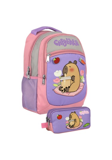 Capybara Kız Çocuk İlkokul Sırt Çantası Ve İki Gözlü Kalemlik Seti - Mor - Pembe - Setcpb5233c Çok Renkli