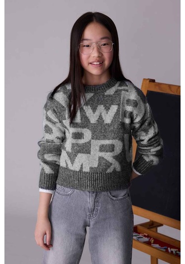 Kız Çocuk Triko Kazak Jakar Desenli Gri Gri