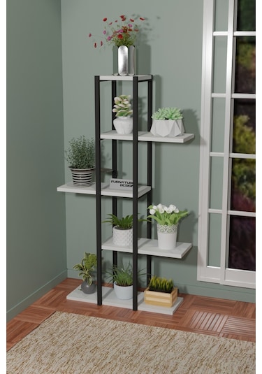 5 Raflı Çiçeklik Metal Saksı Standı Saksılık Beyaz