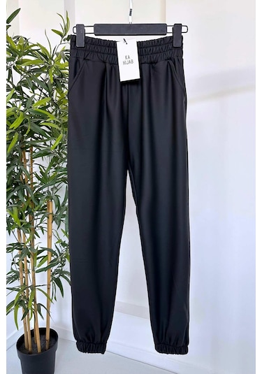 Kahijab Lastik Detay Deri Jogger Pantolon - Siyah Siyah