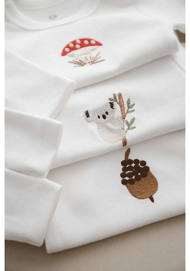 3lü Nakışlı Çıt Çıtlı Uzun Kollu Body-zıbın Model 1 Beyaz