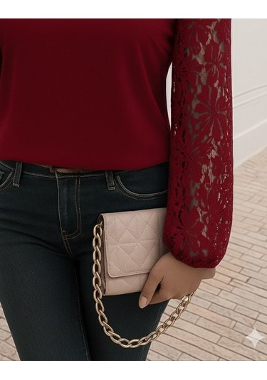 Tua Moda Kadın Uzun Kollu Asimetrik Yakalı Dantelli Ithal Krep Bluz Kırmızı