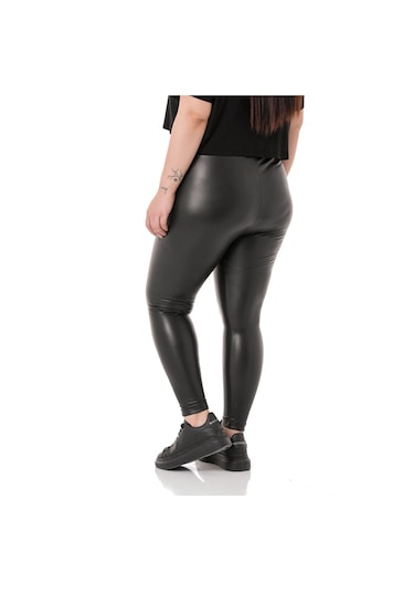 Disentis Büyük Beden Beli Lastikli Bilek Hizasında Deri Tayt Siyah