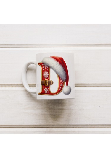 D Harfi Yılbaşı Temalı Bardak 330 Ml Harfli Kişiye Özel Hediye - Yeniyıl / Noel Şapka Tasarım Beyaz