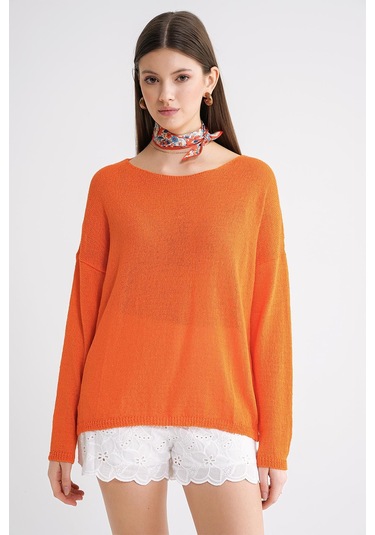 6933 Kadın Kayık Yaka İnce Mevsimlik Triko Kazak Turuncu Turuncu