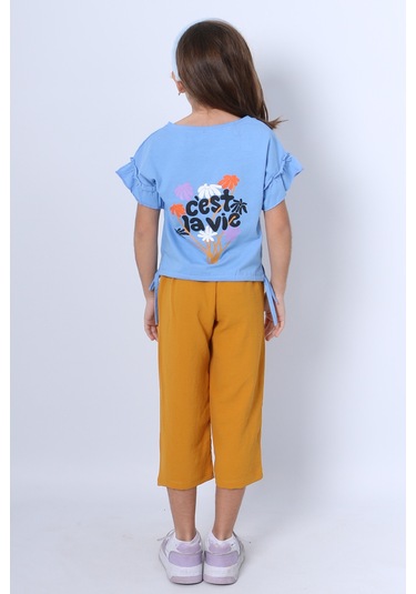 Kız Çocuk İkili Takım Sırt Baskılı Püsküllü Kolları Fıfırlı F20 Mavi