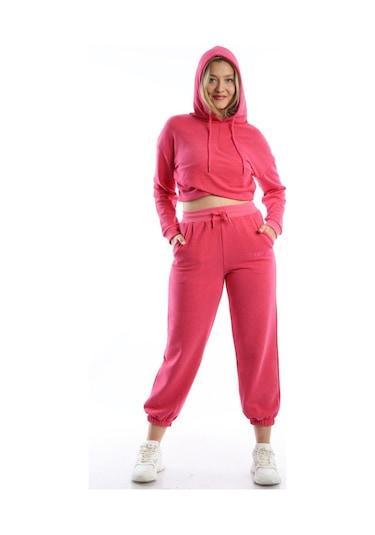 Kadın Kruvaze Detaylı Kapüşonlu Crop Sweat Pembe