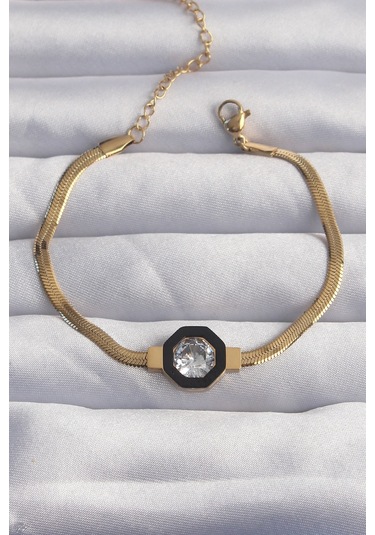 Ezoconcept 316l Çelik Gold Renk Zirkon Taşlı Mineli İtalyan Zincir Serenay Bileklik 001