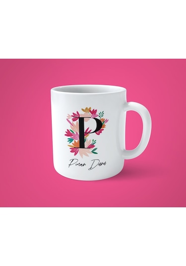 Renkli Çiçekli P Harfli Kişiye Özel İsimli Baskılı Kupa Bardak