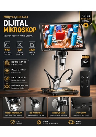 10.1 İnç Dm12 Hdmı Dijital Mikroskop 2000x Zoom 8 Led 20mp Tv