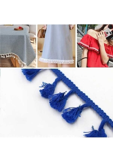 Novahub 25 Metre 4.5 Cm Pamuk İplik Süpürge Dantel Kurdele Püskül Etnik Craft Dıy Perde Ev Dekoratif Giysi Dikiş Aksesuarları Mavi, Beyaz