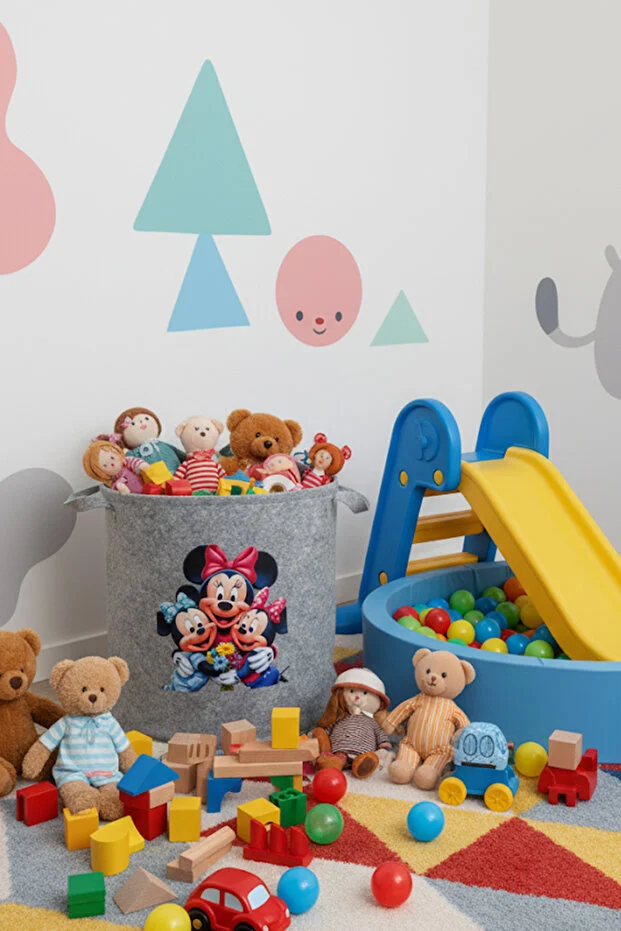 Keçe Oyuncak Sepeti Çizgi Film Desenli, Katlanabilir Kulplu, Çocuk Odası Düzenleyici 38x39 Açık Gri