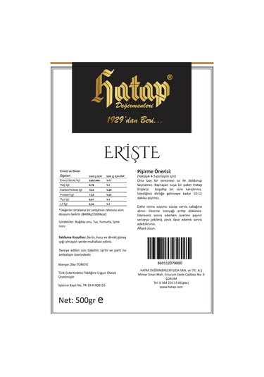 Hatap Katkısız Elde Kesim Erişte 500 G