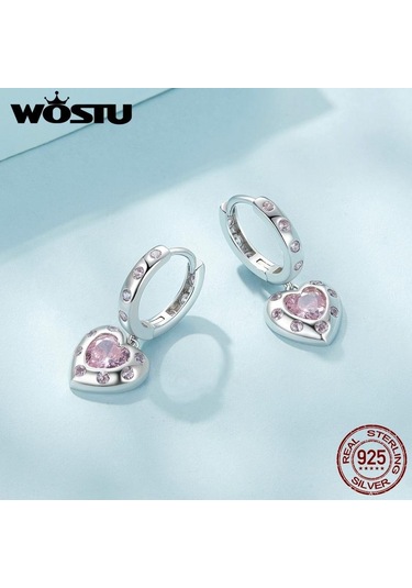 Wostu Düğün Takısı 925 Ayar Gümüş Pembe Cz Kalp Bırak Dangle Küpe Kadınlar İçin Platin Plaka Aşk Kalp Kız Çemberler Hediye