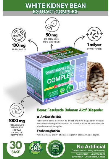 White Kidney Bean Beyaz Fasülye içeren Gıda Takviyesi 30 Şase