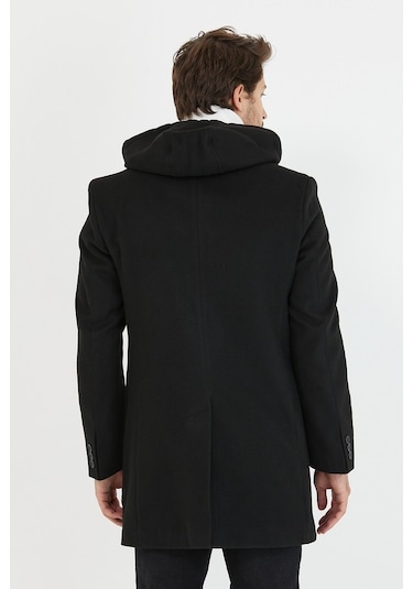 Erkek Siyah Yün Karışımlı Kaşe Kapüşonlu Önü Fermuarlı Kaban-Siyah