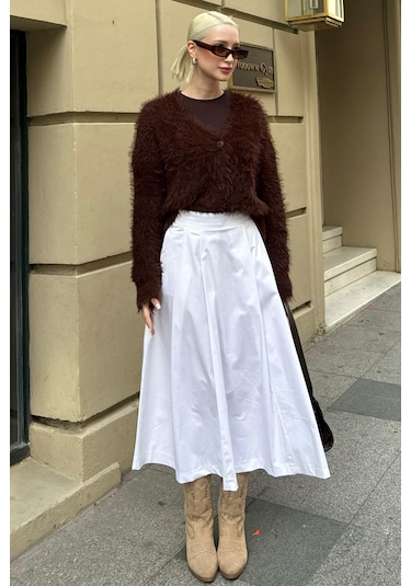 Beyaz Pileli Cepli Kadın Midi Boy Etek Mg2536 Beyaz